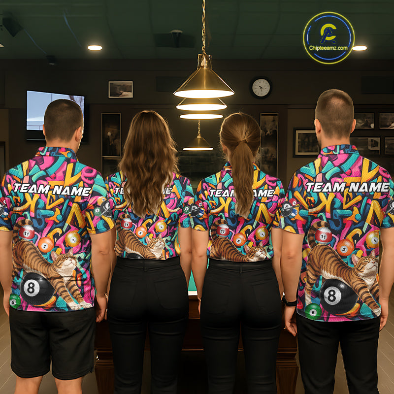 Pool team wearing matching Funny Cat Graffiti custom billiard jerseys, personalized names, billiard league uniforms, billiard  tournament apparel, team shirts, colorful custom sports uniforms.
