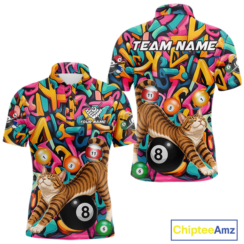 Custom men's Funny Cat Graffiti billiard polo featuring colorful 8 Ball graphics, personalized pool team jersey for leagues, athletic billiard apparel, breathable performance polo.