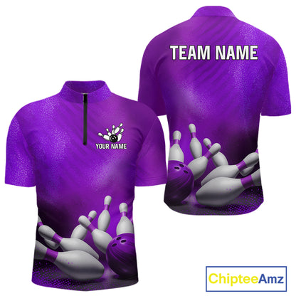 Custom Purple Quarter-Zip Bowling Jersey featuring personalized bowling team logo, moisture-wicking athletic apparel, professional league sportswear.