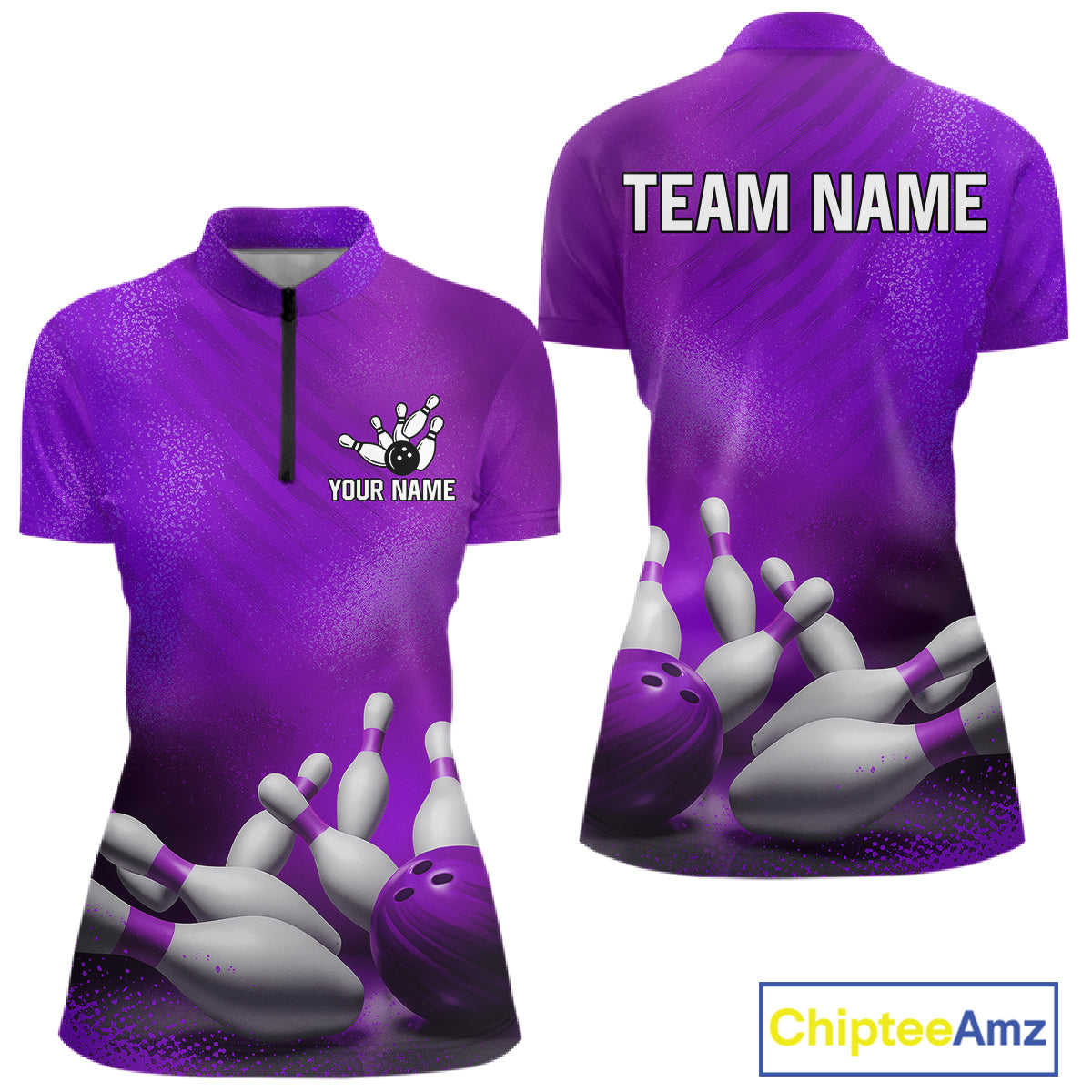 Custom Purple Quarter-Zip Bowling Shirt featuring custom player name, quick-dry performance fabric, breathable bowling tournament apparel, personalized team uniform.