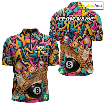 Men's Funny Cat Graffiti quarter zip billiard jersey featuring colorful 8 Ball artwork, personalized pool tournament apparel, custom league shirt for  teams.