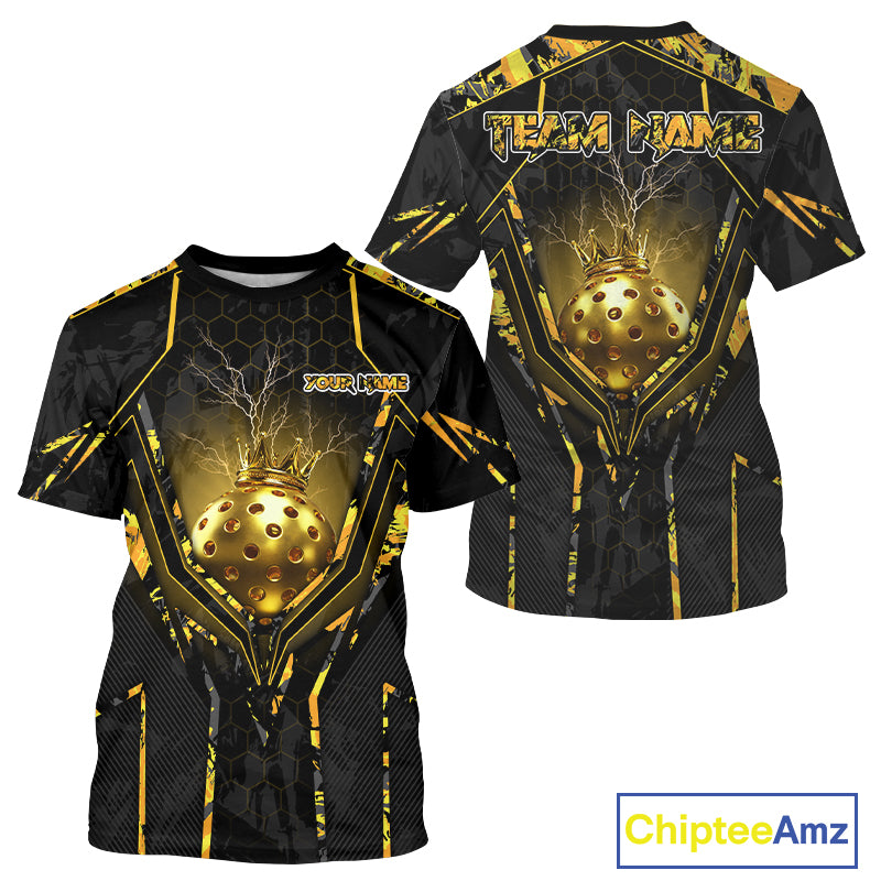 Custom Black And Yellow Gold Crown Pickleball 3D Ball Jerseys Men Pickleball League Shirts NYN2228