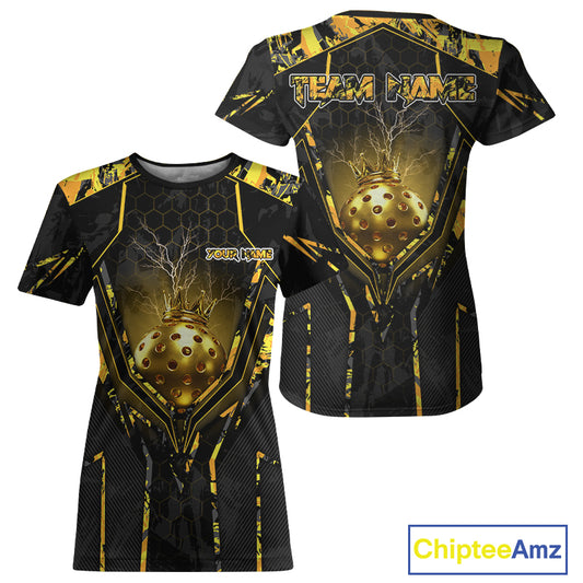 Custom Black And Yellow Gold Crown Pickleball 3D Ball Jerseys Women Pickleball League Shirts NYN2228