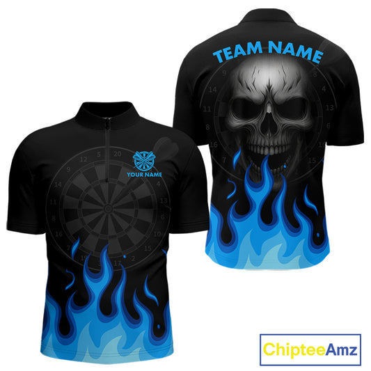 Blue Flaming Dartboard Grey Skull Darts Shirt For Men - Custom Name & Team Jersey NYN0597