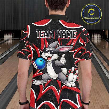 Male bowler wearing Funny Rabbit bowling jersey, personalized men's bowling shirt
