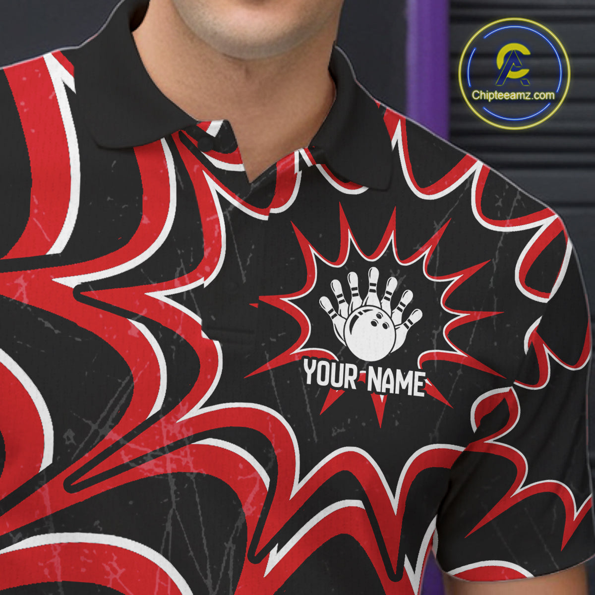 Male bowler wearing Funny Rabbit bowling jersey, personalized men's bowling shirt