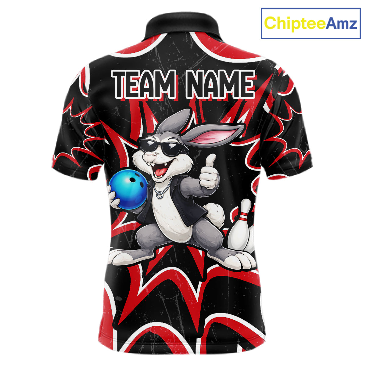 Funny Rabbit men's bowling polo shirt, personalized bowling team jersey, black red bowling apparel, bowling gift for men