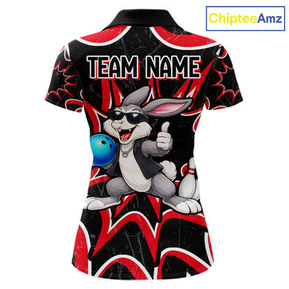 Funny Rabbit women's bowling polo shirt, personalized bowling team jersey, black red bowling apparel, bowling gift for women