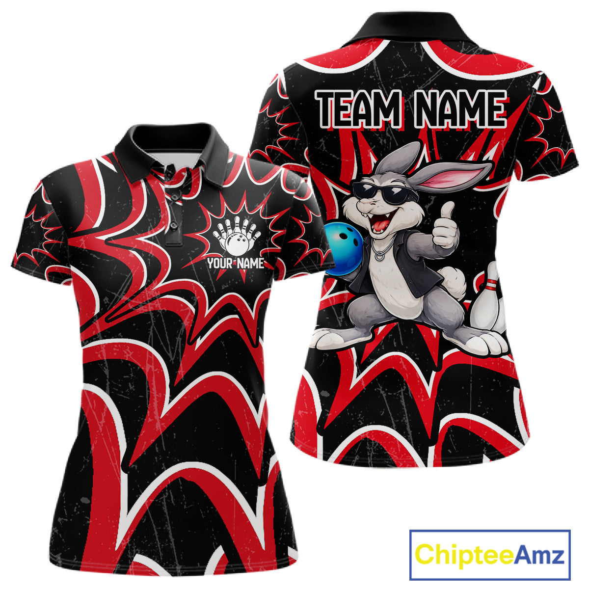 Funny Rabbit women's bowling polo shirt, personalized bowling team jersey, black red bowling apparel, bowling gift for women
