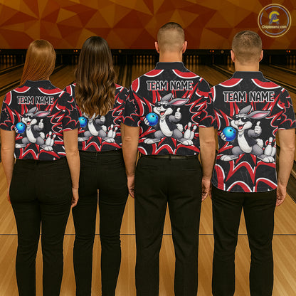 Men women bowling team wearing Funny Rabbit custom bowling uniforms, league bowling apparel