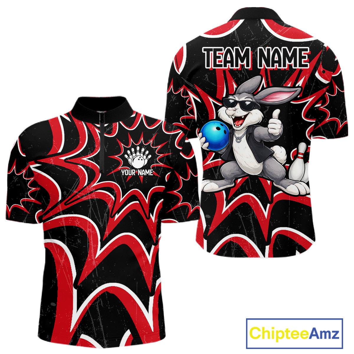 Funny Rabbit men's bowling quarter zip shirt, custom bowling team uniform, league bowling jersey