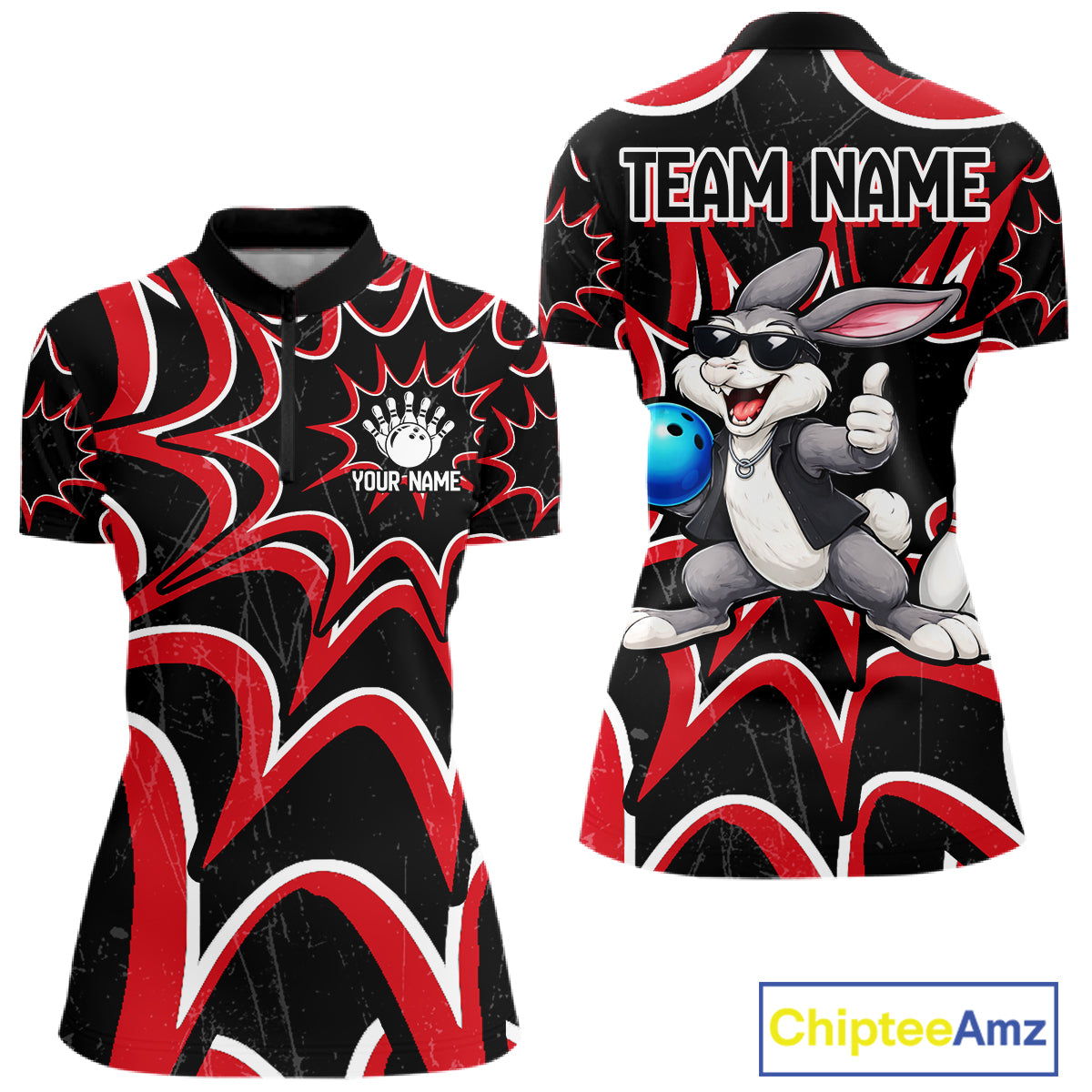 Funny Rabbit women's bowling quarter zip shirt, custom bowling team uniform, league bowling jersey