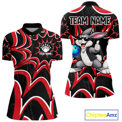 Funny Rabbit women's bowling quarter zip shirt, custom bowling team uniform, league bowling jersey