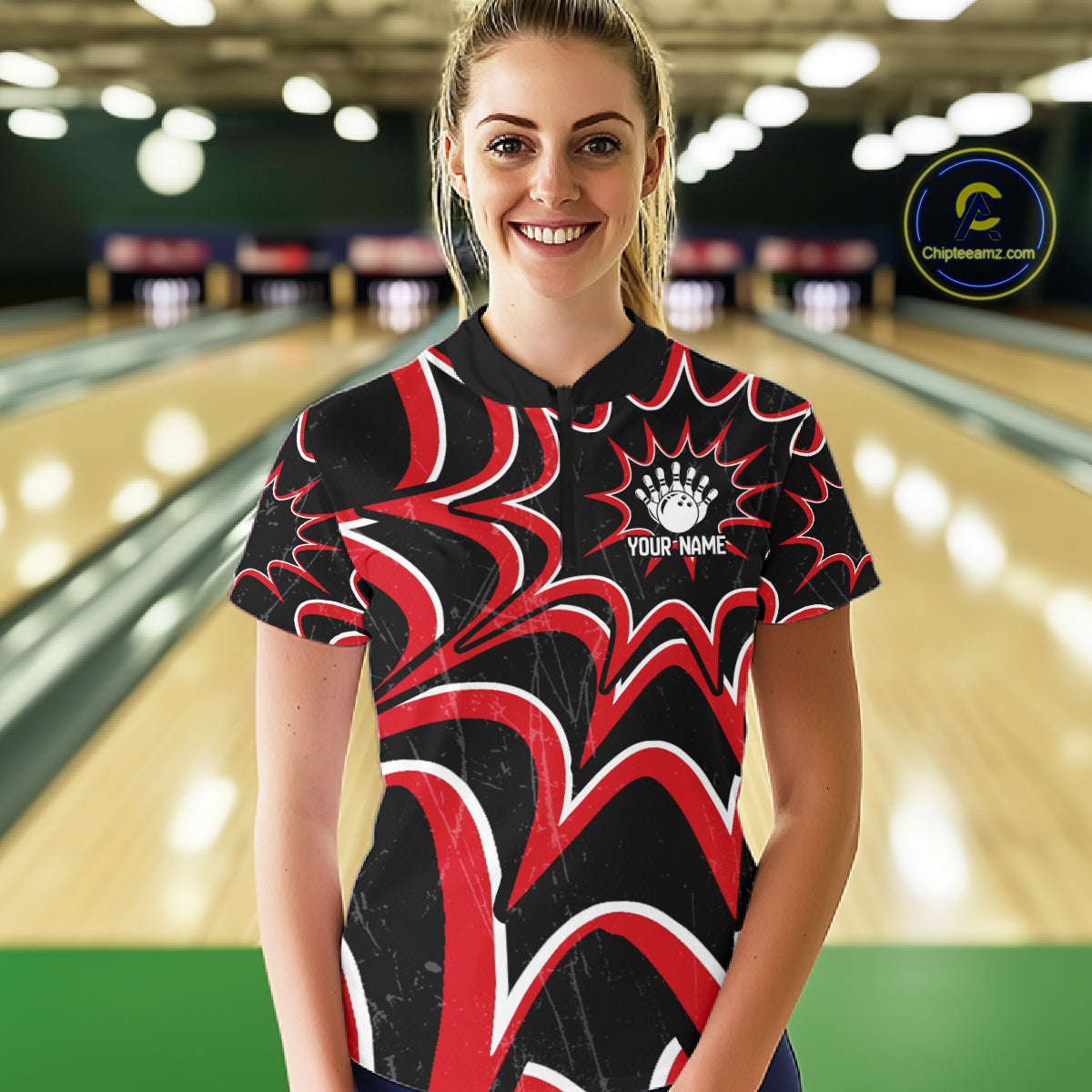 Funny Rabbit women's bowling quarter zip shirt, custom bowling team uniform, league bowling jersey