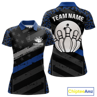 Grey Blue American Flag Women's Bowling Polo Shirt, Personalized Patriotic Bowling Team Jersey, Camo Performance Shirt, Bowling League Apparel, Veteran Tribute, Freedom & Unity