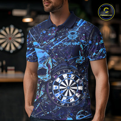 Male model wearing grunge blue purple skull custom darts polo shirt, personalized tournament jersey, gothic sports apparel, confidence, competitive precision and team identity