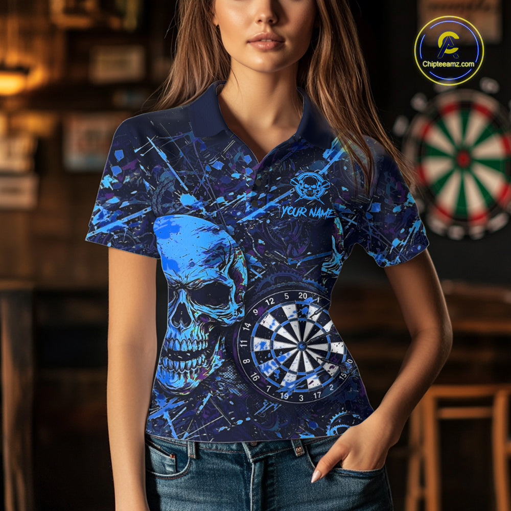 Female model wearing grunge blue purple horror skull personalized darts polo shirt, gothic tournament apparel, competitive dart league outfit, fearless athletic fashion