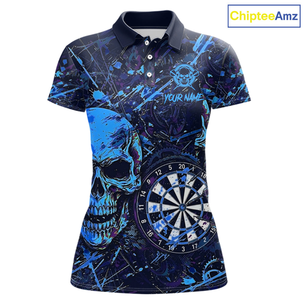 Grunge Blue Purple Horror Skull Women's Darts Polo Shirt, Personalized Splatter Team Jersey, Gothic Tournament Apparel, Custom League Uniform, Skull Graphic Performance Shirt, Fearless, Power & Competitive Mindset