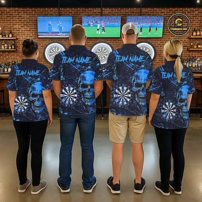 Darts team wearing matching grunge blue purple horror skull polo and quarter-zip jerseys, personalized tournament uniforms, gothic league apparel, fearless teamwork, competitive excellence