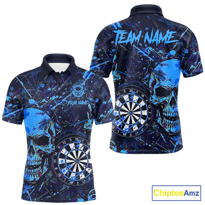 Grunge Blue Purple Horror Skull Men's Darts Polo Shirt, Personalized Splatter Team Jersey, Gothic Dart League Apparel, Custom Skull Performance Shirt, Strength, Fearless Spirit & Championship Energy