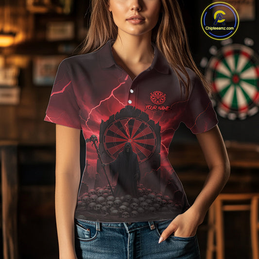 Custom Multi-Skull Lightning Red Dartboard Dart Women Polo Jerseys Grim Reaper Dart Shirts NYN1736