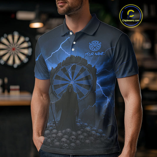 Custom Multi-Skull Lightning Blue Dartboard Dart Men Polo Jerseys Grim Reaper Dart Shirts NYN1738