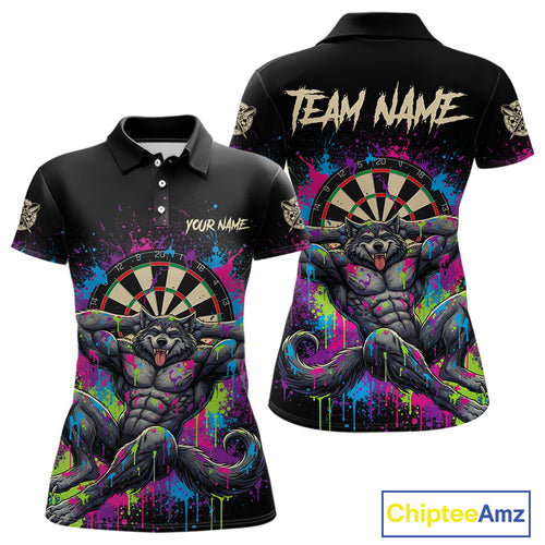 Colorful Splatter Funny Wolf Dartboard Custom Darts Polo Shirt For Women Dart Team Gifts NYN2001