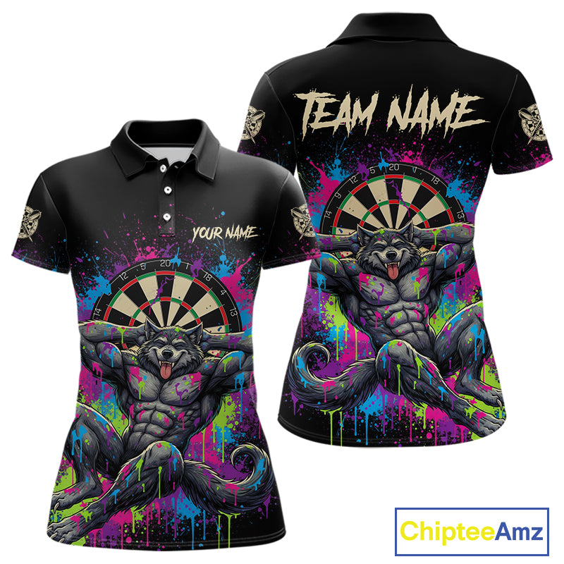 Colorful Splatter Funny Wolf Dartboard Custom Darts Polo Shirt For Women Dart Team Gifts NYN2001