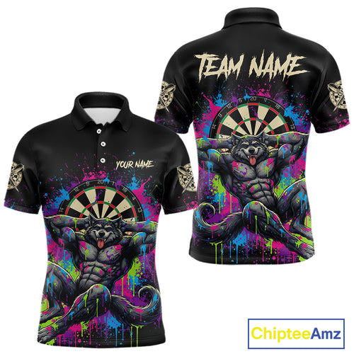 Colorful Splatter Funny Wolf Dartboard Custom Darts Polo Shirt For Men Dart Team Gifts NYN2001