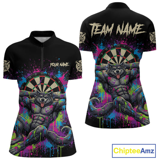 Colorful Splatter Funny Wolf Dartboard Custom Darts Quarter-Zip Shirt For Women Dart Team Gifts NYN2001