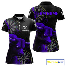 Load image into Gallery viewer, Purple Ferocious Bull Grunge Dartboard Women Polo Darts Shirt Custom Name &amp; Team Jersey NYN2005