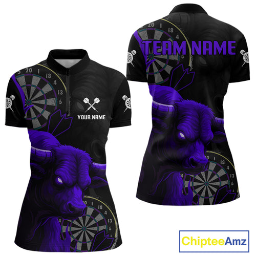Purple Ferocious Bull Grunge Dartboard Women Quarter-Zip Darts Shirt Custom Name & Team Jersey NYN2005