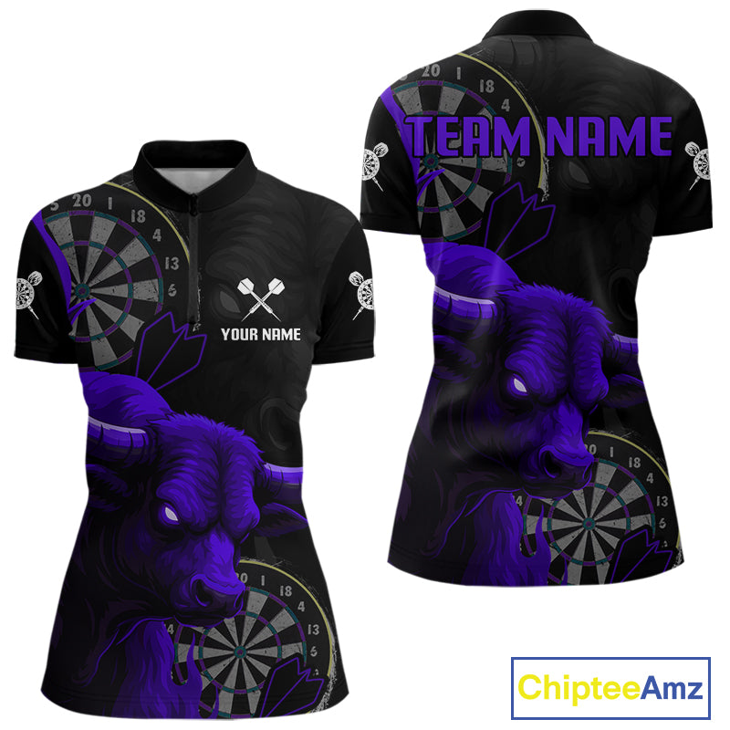 Purple Ferocious Bull Grunge Dartboard Women Quarter-Zip Darts Shirt Custom Name & Team Jersey NYN2005