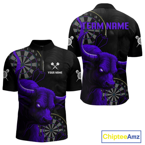 Purple Ferocious Bull Grunge Dartboard Men Quarter-Zip Darts Shirt Custom Name & Team Jersey NYN2005