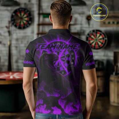 Custom Purple Flaming Dinosaurs Dartboard Polo Dart Shirt For Men Dinosaur Dart Jerseys NYN2006