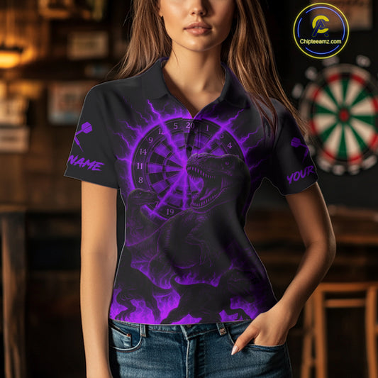Custom Purple Flaming Dinosaurs Dartboard Polo Dart Shirt For Women Dinosaur Dart Jerseys NYN2006