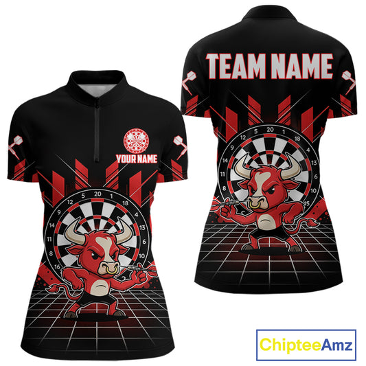 Custom Black And Red Geometry Funny Bull Dart Arrow Quarter-Zip Dart Shirt For Women Dart Jerseys NYN2008