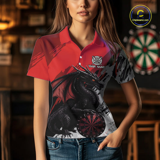 Red Grunge Dragon Dartboard Custom Women Darts Polo League Shirts Dragon Dart Jerseys NYN2239