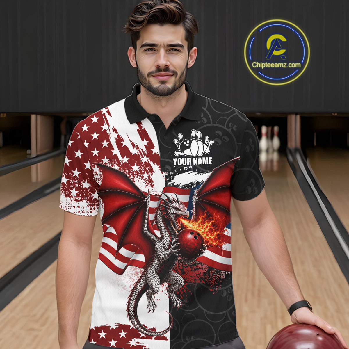 Red, White And Black US Flag Men Bowling Shirt Custom Patriotic Dragon Fire Flame Bowling Team Jersey NYN3276