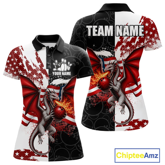 US Flag Women Bowling Shirt Custom Patriotic Dragon Flame Bowling Polo Jersey 