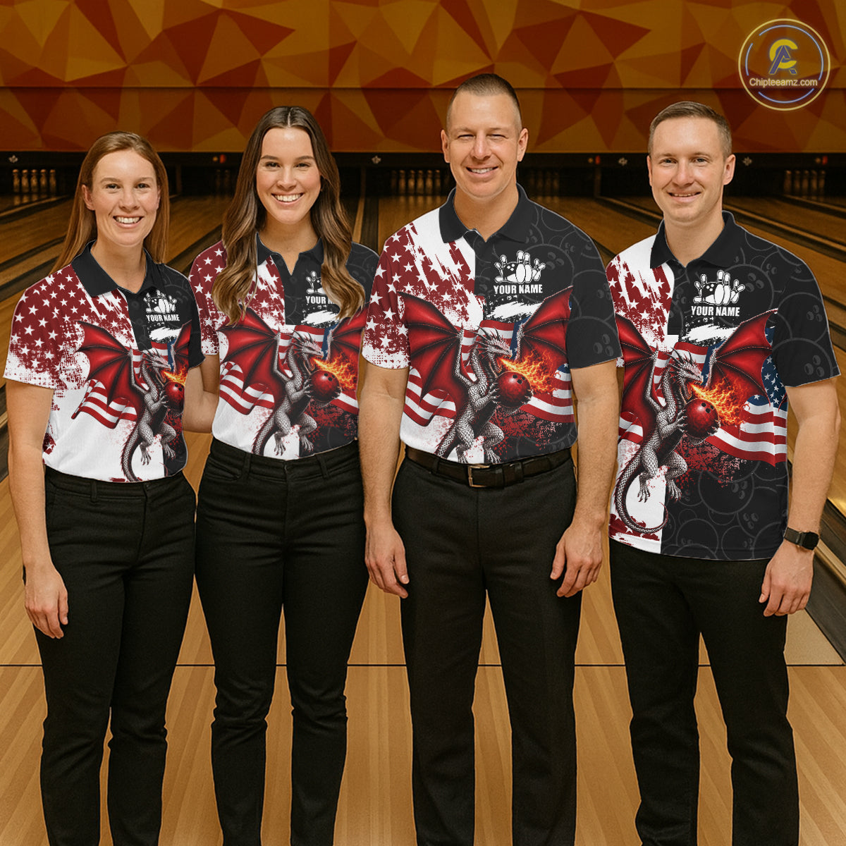 Red, White And Black US Flag Men Bowling Shirt Custom Patriotic Dragon Fire Flame Bowling Team Jersey NYN3276