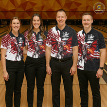 Load image into Gallery viewer, Red, White And Black US Flag Women Bowling Shirt Custom Patriotic Dragon Fire Flame Bowling Team Jersey NYN3276
