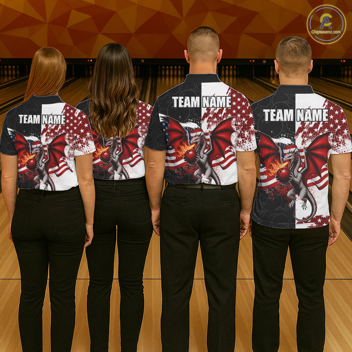 Red, White And Black US Flag Men Bowling Shirt Custom Patriotic Dragon Fire Flame Bowling Team Jersey NYN3276