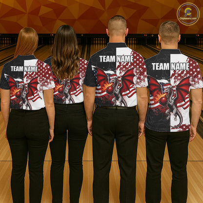 Red, White And Black US Flag Men Bowling Shirt Custom Patriotic Dragon Fire Flame Bowling Team Jersey NYN3276
