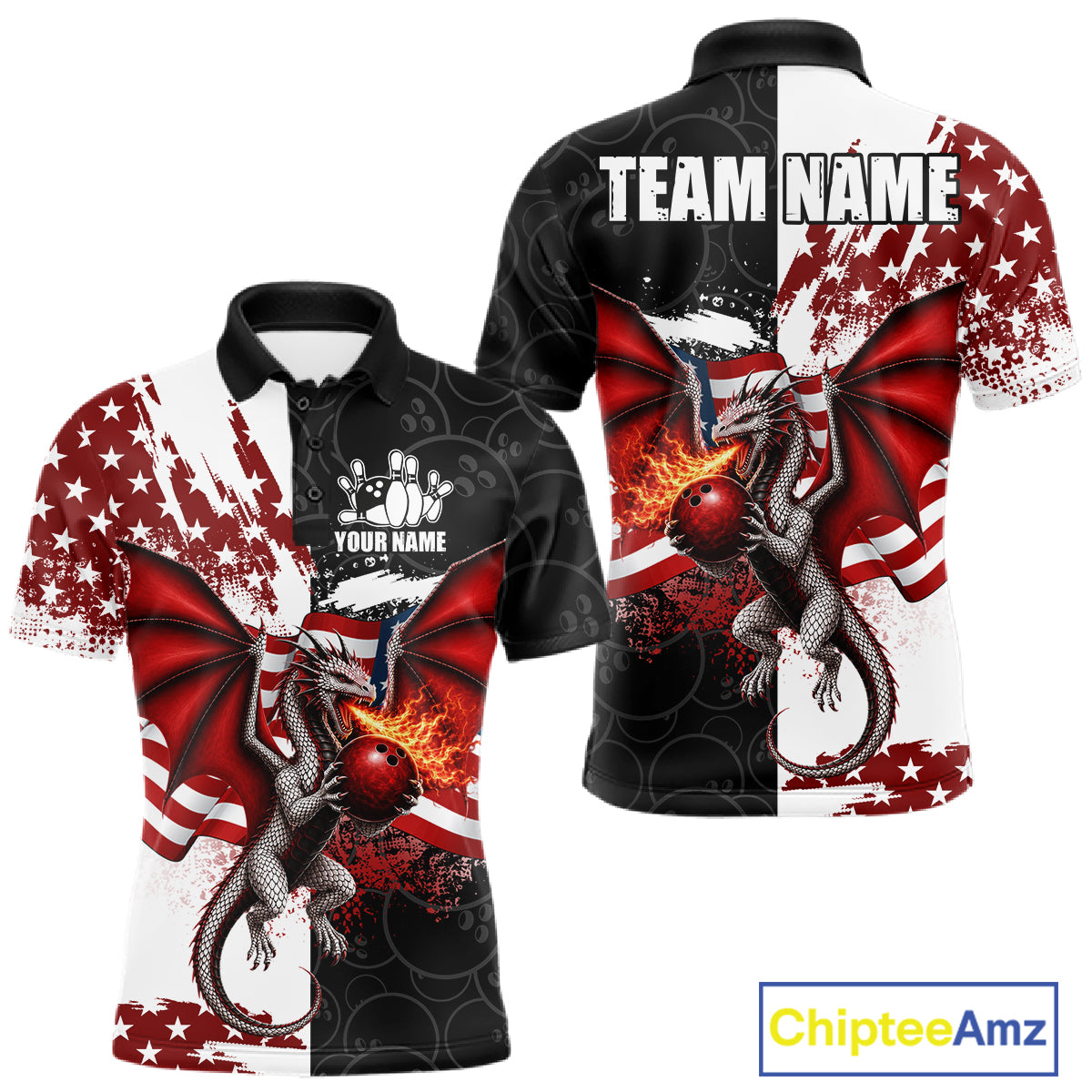 US Flag Men Bowling Shirt Custom Patriotic Dragon Flame Bowling Polo Jersey 