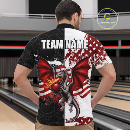 Red, White And Black US Flag Men Bowling Shirt Custom Patriotic Dragon Fire Flame Bowling Team Jersey NYN3276