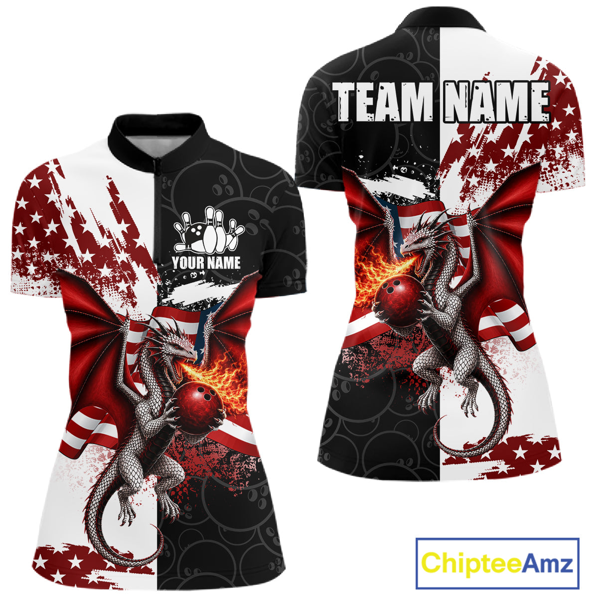 US Flag Women Bowling Shirt Custom Patriotic Dragon Flame Bowling Quarter-Zip Jersey 