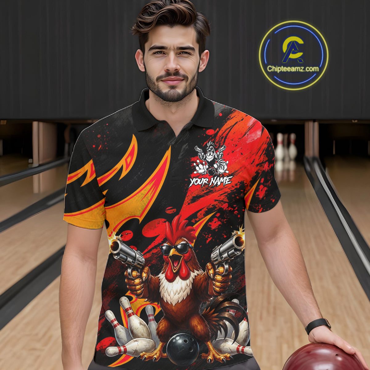 Red And Yellow Rooster Gun Men Bowling Shirt Custom Funny Grunge Cute Bowling Team Outfits NYN3279