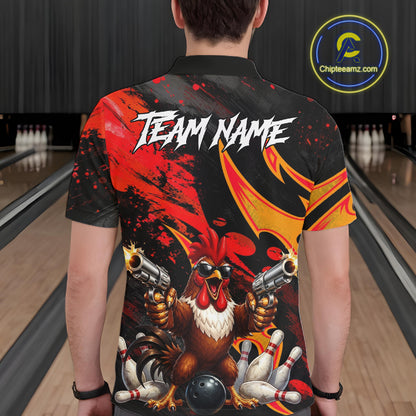 Red And Yellow Rooster Gun Men Bowling Shirt Custom Funny Grunge Cute Bowling Team Outfits NYN3279