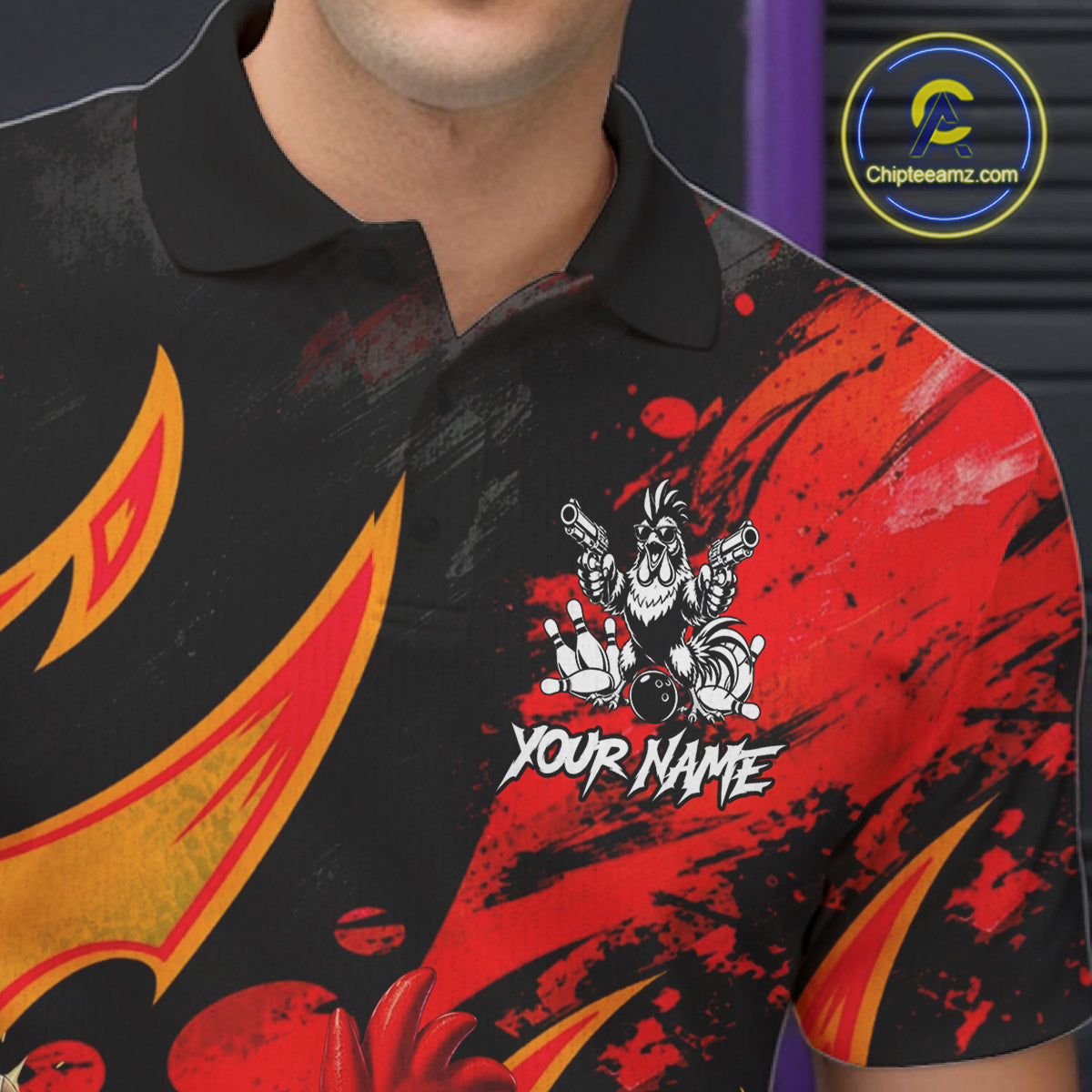 Red And Yellow Rooster Gun Men Bowling Shirt Custom Funny Grunge Cute Bowling Team Outfits NYN3279